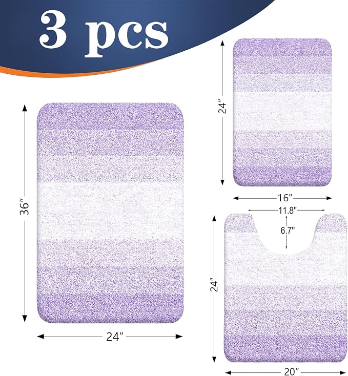 OLANLY Microfiber Bathroom Rugs Sets 3 Piece, 36"x24"+24"x16"+24"x20" | Light Purple, Soft Absorbent Bath Mats and U-Shaped Contour Toilet Rug, Plush Shaggy Bath Mat Set for Bathroom
