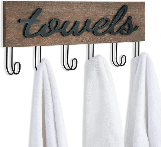 Mkono Towel Holder Wall Mounted Towel Rack Bathroom Decor Rustic Wood Towel Hooks to Hang Towels Bathroom Robe Coat Clothing, Bath Towel Hanger Storage Home Decor Organizer, Medium
