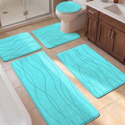 Bathroom Rugs Set 5 Piece, Memory Foam Bath Mat Teal | Ultra Soft, Absorbent, Non-Slip, Machine Washable, for Bathroom, Sink and Toilet