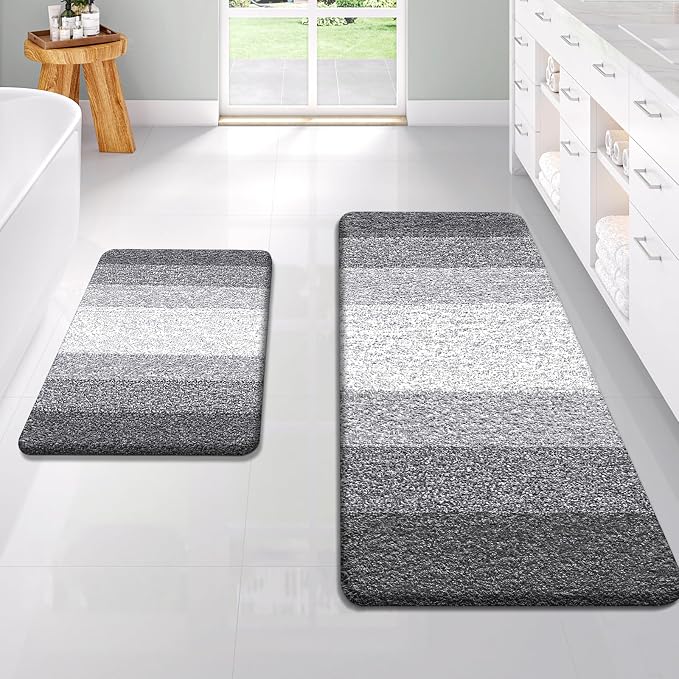 OLANLY Micorfiber Bathroom Rug Set 2 Piece, 47"x20"+24"x16" | Grey, Soft Absorbent Bath Rug Set, Non-Slip, Machine Wash Dry, Plush Shaggy Bath Mats for Bathroom
