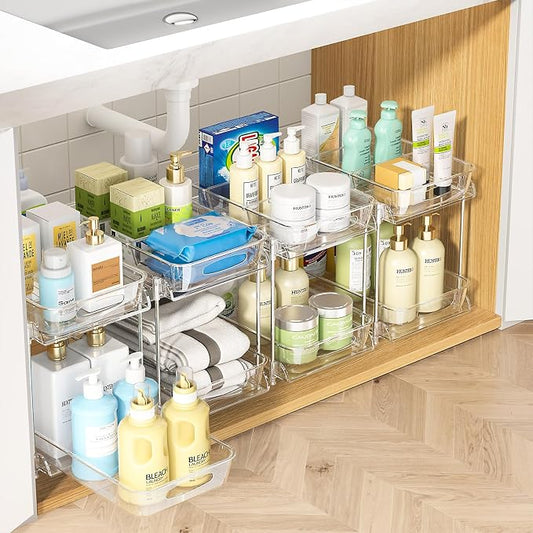 Sevenblue Under Sink Organizer, Bathroom Organizers and Storage, 2 Tier Multi-Use Pull Out Cabinet Organizer with Hang Hooks and Cups (transparent, 11.2 Inch)