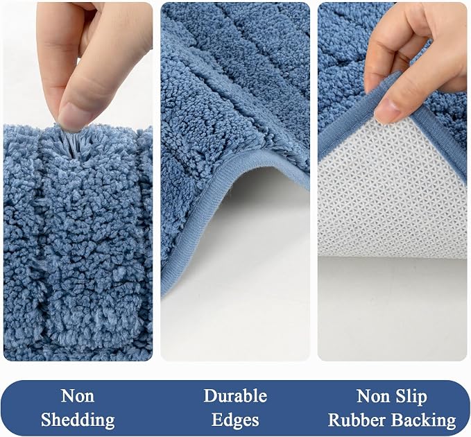 Vaukki Blue Bathroom Rugs Sets 3 Piece, 32x20+26x18+24x20 Inch | Washable Non Slip Soft Bath Mats for Shower and Tub, Plush Absorbent Microfiber Toilet Rug U Shaped