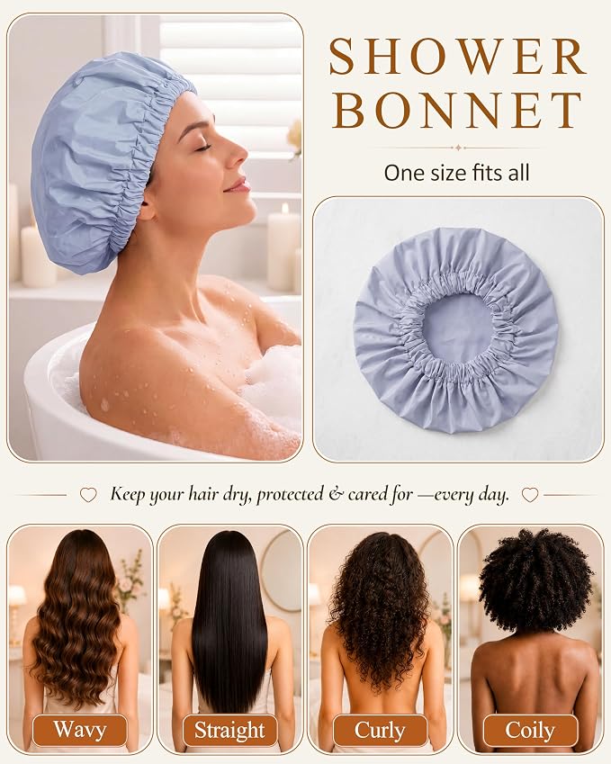 Edoneery Shower Caps for Women Reusable Waterproof, Shower Hair Cap | Washable Bonnet, Wide Elastic Band, Large Fit, Holds Long Hair, Braids Friendly, Bath Accessories, Spa, Travel