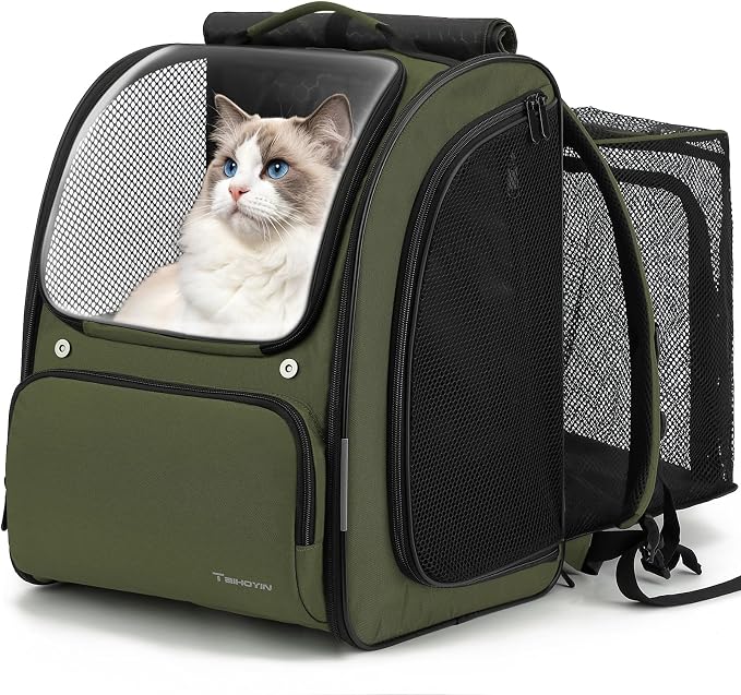 Cat Backpack Carrier Expandable Pet Backpack for Cats & Small Dogs | Clear Cat Carrier Large Space Shaded Cat Bubble Backpack Breathable Pet Outdoor Backpack for Hiking Travel Vet Walk, Green