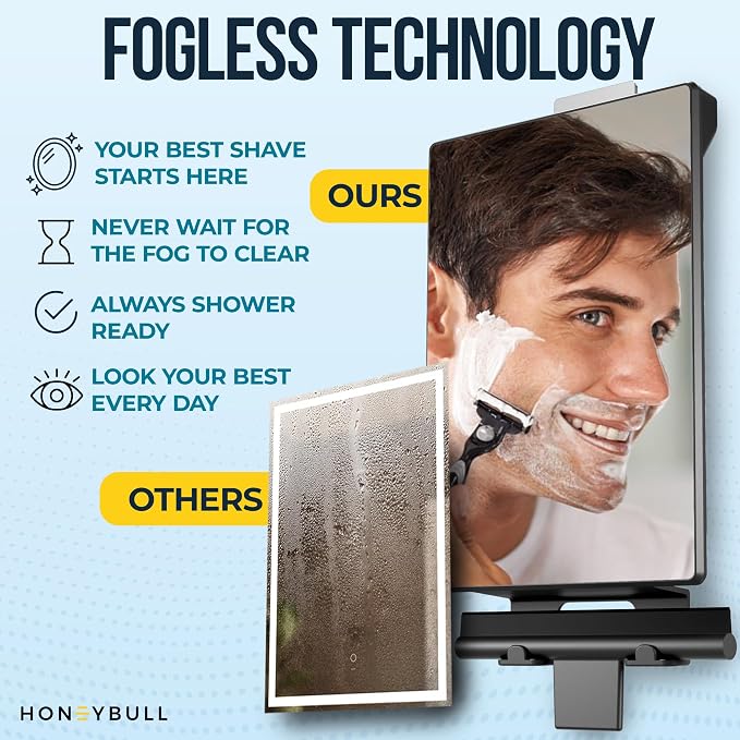 HONEYBULL Fogless Shower Mirror for Shaving with Water Tank, Adhesive Mount | Built in Water Reservoir for Natural Fog Free Effect, Easy Installation, Bonus Squeegee, Razor Holder, 5.5" x 8" Mirror