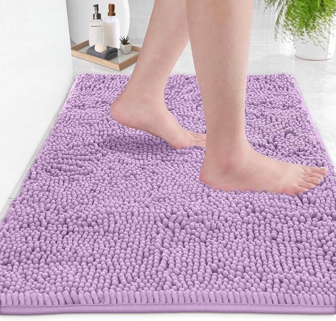 LuxUrux 3 Piece Bathroom Rug Set, Non-Slip Shaggy Chenille, Lavender, Includes U-Shaped Contour Toilet Mat, 20 x 30'' and 16 x 24'' Bath Mats, Machine Washable