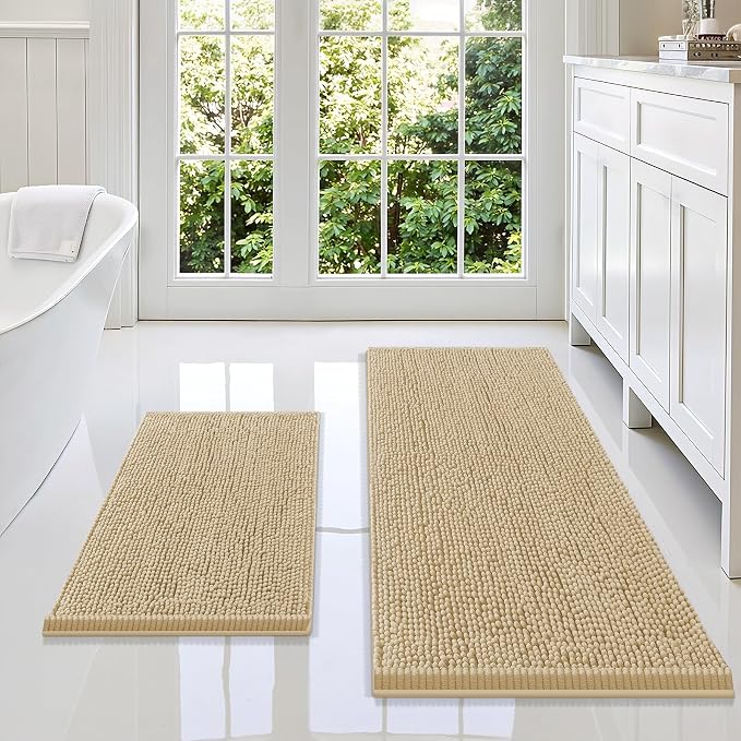 Smiry Chenille Bathroom Rugs Sets 2 Piece (47x17+24x16, Beige) | Soft Absorbent Machine Washable Non Slip Shaggy Bath Rug Set for Tub, Shower, and Floor, Home Decor