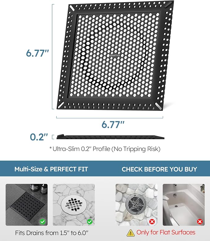 Square Shower Drain Hair Catcher, Anti-Clogging, Black, 6 inch | 304 Stainless Steel and TPE Material/ Not Moving / Easy Clean / Fast Drainage / Fits Bathroom Hair Catcher for Shower