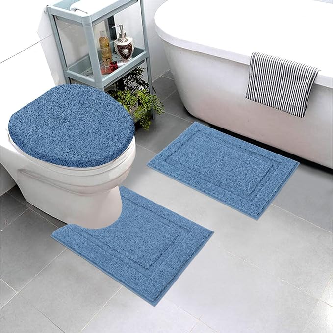 SHACOS Microfiber Small Bathroom Rugs Set of 3 Piece with Toilet Lid Cover | Non Slip Super Soft Absorbent 16"x24" Bath Mat U Shape Contour Mat Bathroom Carpet Machine Washable(Blue)