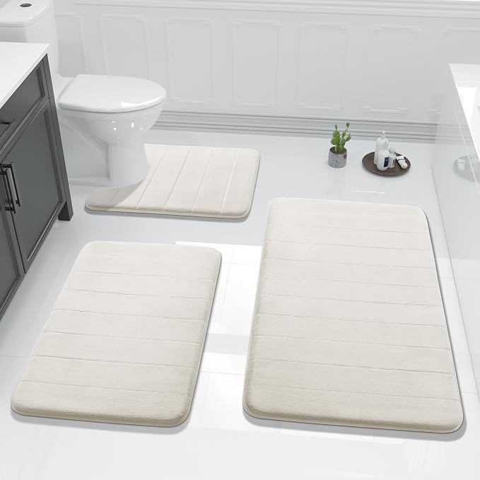 Yimobra 3 Pieces Memory Foam Bath Mat Set with U-Shaped Toilet Rug - Non Slip Super Soft Absorbent Quick Dry Bathroom Rugs for Bathtub, Vanity & Toilet Base, Cream White
