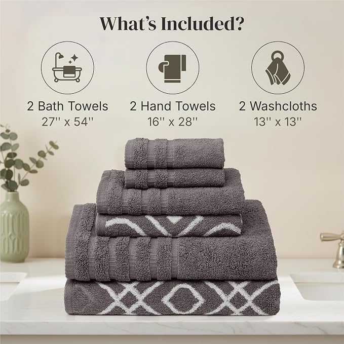 Modern Threads 6 Piece Bath Towel Set – Bathroom Set with 2 Bath Towels, 2 Hand Towels, and 2 Wash Cloths – 100% Cotton, Super Absorbent & Extra Soft – Reversible Classic Diamond (Gray)