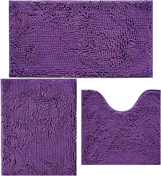 Bathroom Rugs Chenille Bath mat 3 Piece Set, Super Absorbent, Strong PVC Non Slip Backing, Bath mats for Bathroom, Plush Shaggy, Thick, Machine Washable, Bathtub, Shower, Toilet, Violet