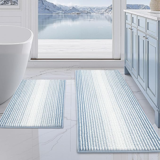 Bathroom Rugs Sets 2 Piece, Non Slip Striped Bath Mats, Ice Blue | 20"x47" Plus 16"x24", Soft Absorbent Chenille, Quick Dry Machine Washable, Shower Rug for Bathroom Floor, Tub, Bedroom Decor