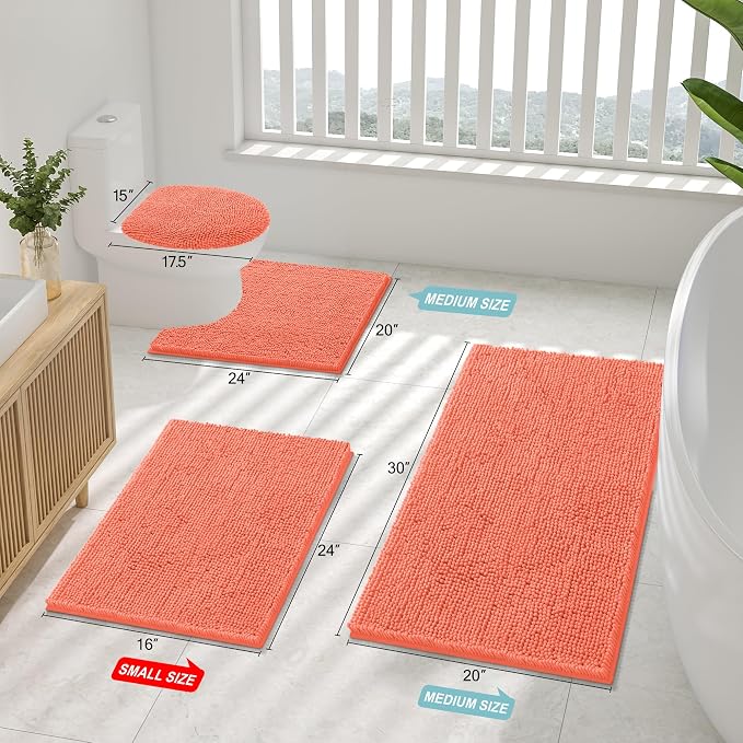 Smiry Chenille Bathroom Rugs Sets 2 Piece (30x20+ U Shape 24x20, Coral) | Soft Absorbent Machine Washable Non Slip Shaggy Bath Rug Set for Tub, Shower, and Floor, Home Decor