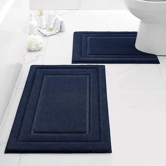 HOMEIDEAS Bathroom Rugs Sets 2 Piece, Super Soft and Absorbent Non Slip Microfiber U-Shaped Toilet Bath Mat Set (20"x32"+U20 x24, Navy Blue) | Super Soft and Absorbent Non Slip Microfiber Bath Rug，Machine Washable, for Bathroom, 20"x32"+U Shape 20"x24"