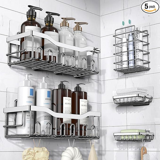 EUDELE 5-Pack Adhesive Shower Caddy Organizer, Large Capacity Rustproof Stainless Steel Shower Shelves, No Drill Bathroom Storage for Shower, Kitchen & Home Decor
