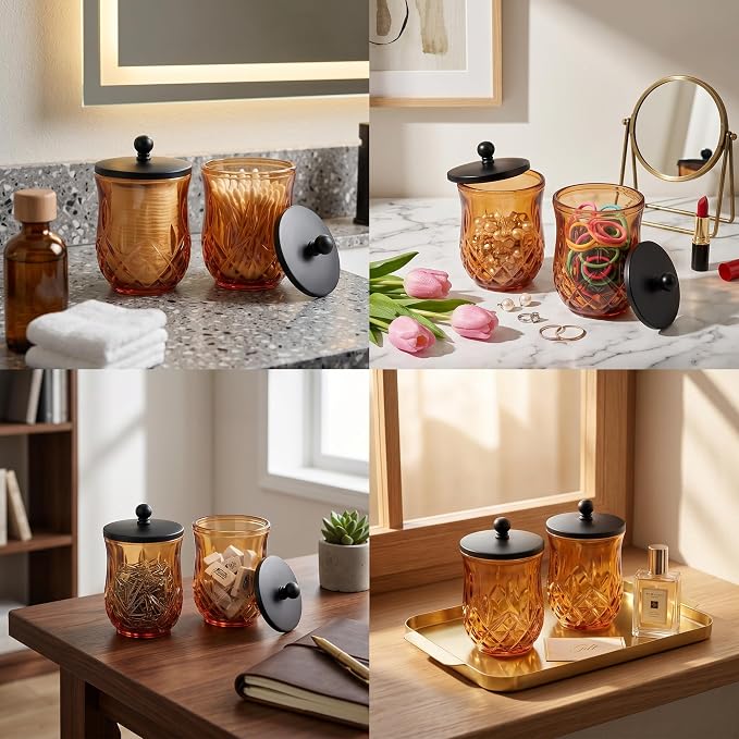 2 Pack Glass Qtip Holder Dispenser Set,Round Bathroom Apothecary Jars with Matte Black Lid for Cotton Swabs, Balls, Pads, Floss Picks, Vanity Storage Container for Makeup, Candy, Jewelry(10 Oz, Amber)