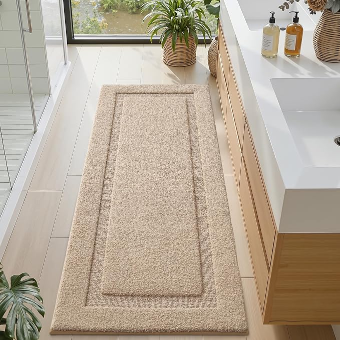 LUMI Ultra Soft Bathroom Runner Rugs, Non Slip Bath Mat 24x60, Beige | Machine Washable with Rubber Backing, Quick Dry, Premium Microfiber Carpet for Shower Floor