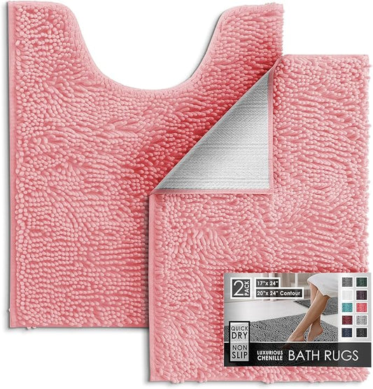 Hearth & Harbor Bathroom Rugs, Chenille Bath Mat - Machine Washable Bath Mats for Bathroom Non-Slip Backing Rubber, Quick Dry Bathroom Mat, 17 x 24 + 20 x 24 - Pink