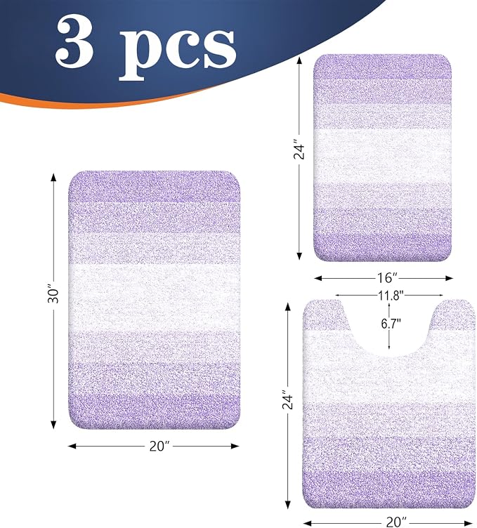 OLANLY Microfiber Bathroom Rugs Sets 3 Piece, 30"x20"+24"x16"+24"x20" | Light Purple, Soft Absorbent Bath Mats and U-Shaped Contour Toilet Rug, Machine Wash Dry, Plush Bath Mat Set for Bathroom
