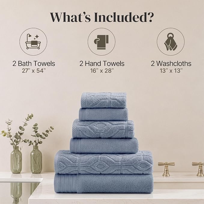 Modern Threads 6 Piece Cotton Bath Towel Set – Ultra Soft 550 GSM Towels – Bathroom Set with Hand Towels and Washcloths – Geometric (Blue)