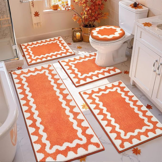 Findosom Bathroom Rugs Sets 5 Piece, Absorbent Soft Non-Slip Bath Rug Set | Washable Microfiber Shaggy Bath Mat Set with Bathroom Runner Rug, U-Shaped Toilet Rugs, Shower Rug & Toilet Lid Cover, Orange