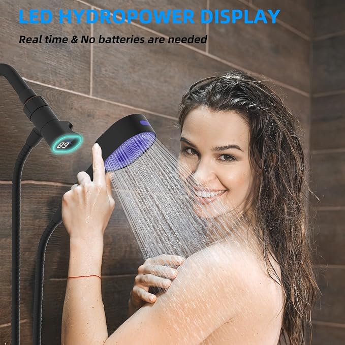 Hibbent Upgraded Metal Shower Head Holder with LED Display Thermometer, Adjustable Shower Arm Mount for Handheld, Universal Handheld Bracket, Solid Brass Ball, Oil-Rubbed Bronze