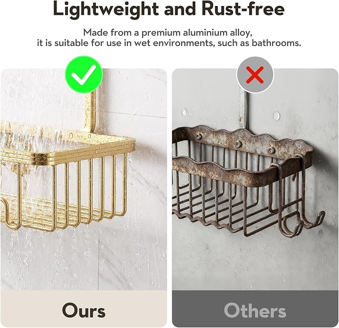 Shower Caddy Hanging, Never Rust Shower Organizer Hanging, Aluminum Shower Racks for Inside Shower with Hooks for Razor, Bathroom Organizers and Storage with Soap Holder, Gold