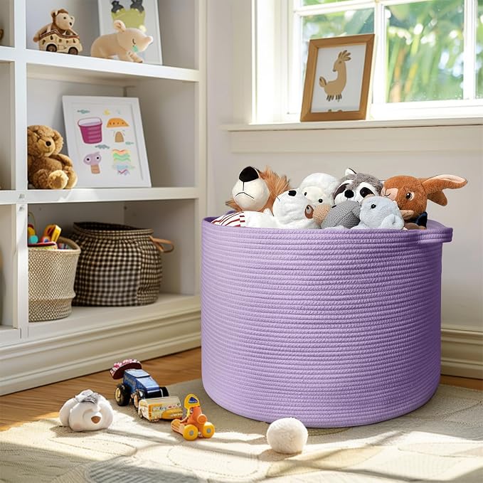 MEGASKET 115L Extra Large Purple Storage Basket, 23.6" X 15.7" Jumbo Woven Cotton Rope Bin for Throw Blankets Pillows, Baby Laundry Basket, Dirty Clothes Organizer, Big Storage Box for Toys, Towels