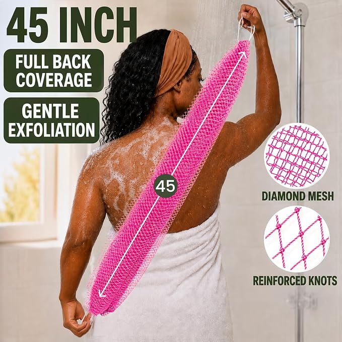 Authentic African Net Sponge, 5 Pack 45-Inch Exfoliating Bath Sponge and Shower Loofah for Body and Back, Colorfast Quick-Dry Knotted Mesh Scrubber with Travel Pouch