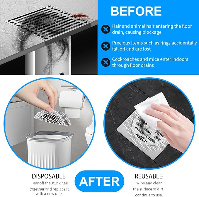 50pcs Disposable Shower Drain Hair Catcher Hair Trap for Shower Drain Mesh Stickers Shower Strainer for Bathroom Tub Kitchen Sink Shower Drain Cover Hair Stopper
