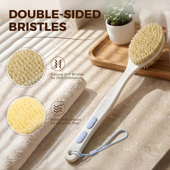 Back Scrubber for Shower with Long Handle, Blue | Double Sided Bristles (Stiff & Soft), Anti-Slip Grip, Lightweight - Gift for Seniors, Includes Lanyard & Hook
