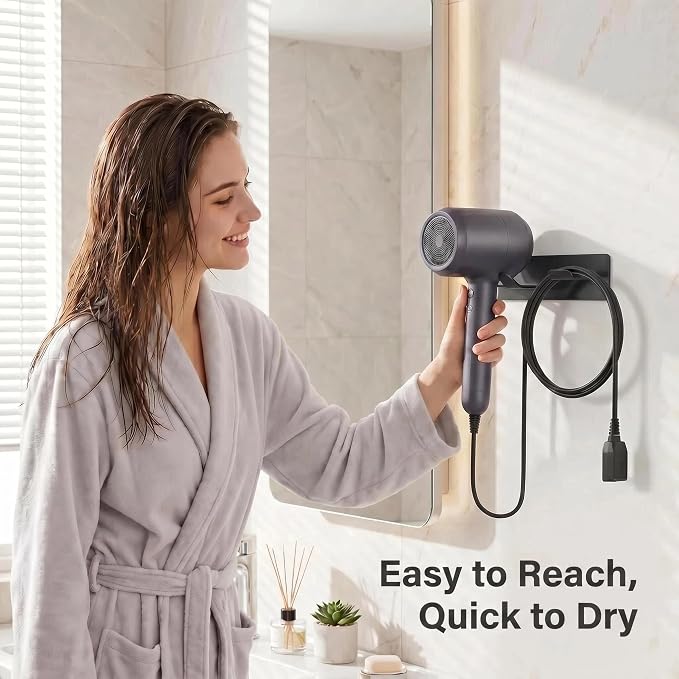 Hair Dryer Holder Wall Mount, Universal Hair Dryer Hanger for Bathroom/Bedroom/Barbershop, 304 Stainless Steel Organizer with 3M Adhesive, No Drilling Space Saver (Black)