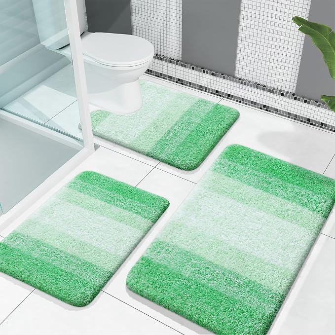 OLANLY Microfiber Bathroom Rugs Sets 3 Piece, 30"x20"+24"x16"+24"x20" | Green, Soft Absorbent Bath Mats and U-Shaped Contour Toilet Rug, Machine Wash Dry, Plush Shaggy Bath Mat Set for Bathroom