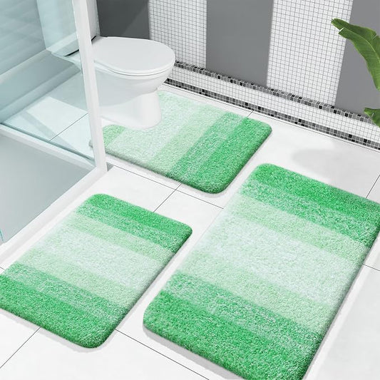 OLANLY Microfiber Bathroom Rugs Sets 3 Piece, 30"x20"+24"x16"+24"x20" | Green, Soft Absorbent Bath Mats and U-Shaped Contour Toilet Rug, Machine Wash Dry, Plush Shaggy Bath Mat Set for Bathroom