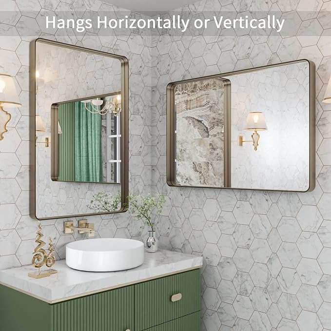 LOAAO 24”X36” Bronze Bathroom Mirrors for Vanity, Rounded Rectangle Brushed Bronze Metal Frame Mirror, Anti-Rust, Hangs Horizontally or Vertically | Rounded Rectangle, Brushed Bronze Metal Frame, Anti-Rust, Hangs Horizontally or Vertically