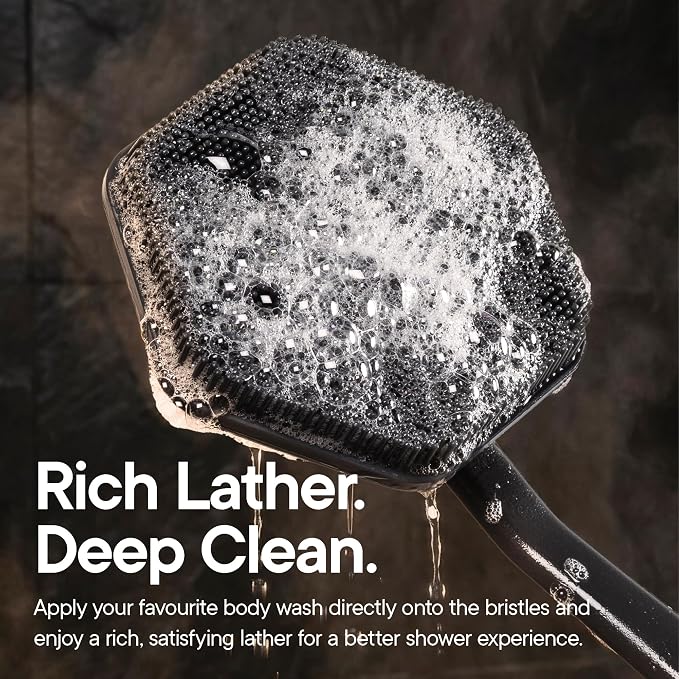 TOOLETRIES Silicone Back Scrubber with Hook, Exfoliating Body & Bath Brush, Long Ergonomic Handle, Non-Slip Grip for Hard-to-Reach Areas, Hygienic Silicone Bath Accessory for Men & Women - Charcoal