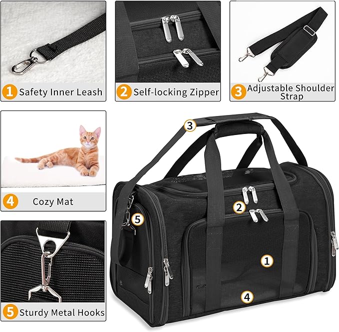 Soft-Sided Cat/Dog/Pet Carrier, Collapsible Pets Travel Carriers | for Big Cats/Small Dogs with Shoulder Strap & Removable Mat, Mesh Puppy Carry Bag, Up to 16 Lbs, TSA Airline Approved(Black)