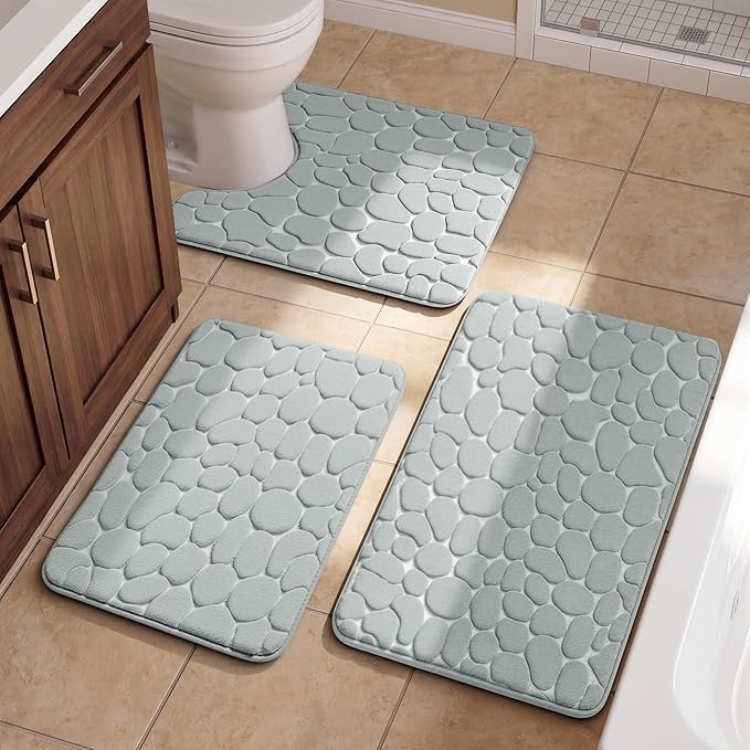 YIHOUSE Bathroom Rugs Mat Set, Memory Foam Bath Mat 3 Piece Gray | U Shape+Small Mat, Non Slip, Water Absorbent, Washable, Bath Mat For Bathroom, Sink and Toilet