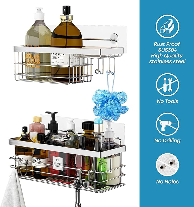 KESOL Shower Caddy and Soap Dish with Hooks Shower Shelf Organizer, No Drilling Adhesive Wall Mounted Bathroom Shelf, Rust Resistant Stainless Steel (2 Pack), Silver