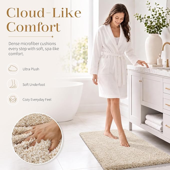 Yimobra Luxury Bathroom Rugs, Fluffy Bath Mats, Non Slip, Water Absorbent Microfiber, Machine Washable, Plush Runner Shower Rugs, Thick Matts for Bathroom Floor/Tub, 47" X 24", Light Beige and White