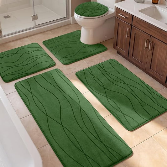 Bathroom Rugs Set 5 Piece, Memory Foam Bath Mat Green | Ultra Soft, Absorbent, Non-Slip, Machine Washable, for Bathroom, Sink and Toilet
