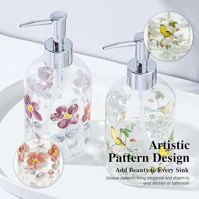 Topadorn Hand and Dish Soap Dispenser Set, 2 Pack 17oz Glass Soap Dispensers with Pump, Refillable Kitchen Soap Bottles, Floral & Goldfinch Decorative Bathroom Counter Decor
