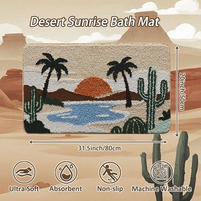 Bathroom Rug Mat, Desert Oasis Sunset Fluffy Rug with Cactus & Palm Tree, Ultra Absorbent Microfiber Shaggy Door Mat, Quick Dry Bath Rug Carpet for Toilet Bathtub Bedroom 20x31 Inch (Brown)