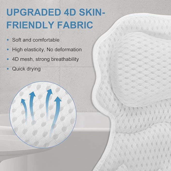 SetSail Bath Pillow, Bath Pillows for Tub Neck and Back Support, White | Soft 4D Breathable Air Mesh Ergonomic Bathtub Pillow with 6 Strong Suction Cups and Hook Luxury Bathroom Accessories