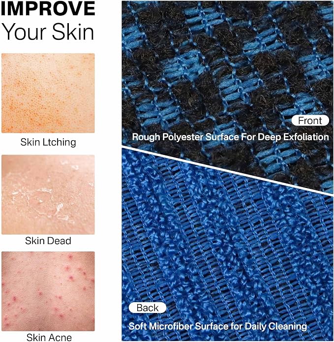 Dual-Textured Exfoliating Washcloth Towel - Back Scrubber for Use in Shower Bath, Exfoliating Body Scrubber Exfoliator, Japanese Exfoliate Loofah Lufa Sponge Wash Cloth for Women Men