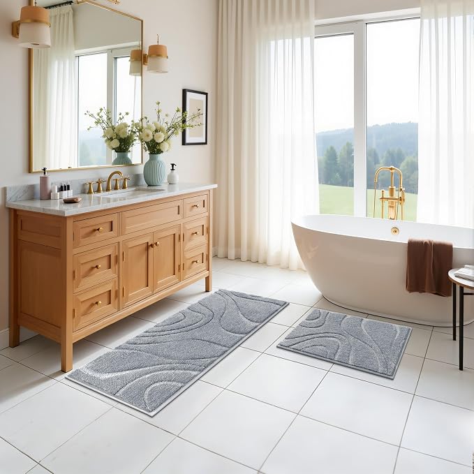 HEBE Bathroom Rugs Sets 2 Piece, Non Slip Washable Absorbent Bath Mat Set | Super Soft Plush Microfiber Bathroom Mats with Runner Set, Solid Bathmat for Floor, Bath Rug for Tub, Shower, Vanity