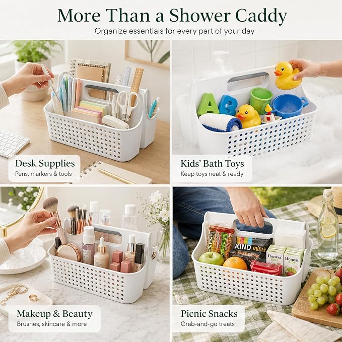 Haundry Portable Shower Caddy Basket, 2 Compartments Plastic Cleaning Caddy Organizer, Large Storage Tote with Handle for Bathroom, College, Dorm Room Essentials, White