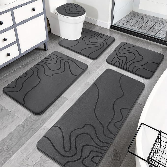 Memory Foam Bathroom Rugs Sets 5 Piece, Ultra Soft Bath Mat, Dark Grey | Ultra Soft, Extra Thick Bath Mat, Absorbent, Non-Slip, Machine Washable, For Tub, Shower & Home Decor Accessories
