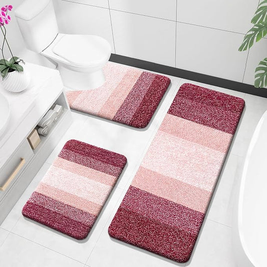 OLANLY Microfiber Bathroom Rugs Sets 3 Piece, 47"x20"+24"x16"+24"x20" | Red, Soft Absorbent Bath Mats and U-Shaped Contour Toilet Rug, Plush Shaggy Bath Mat Set for Bathroom